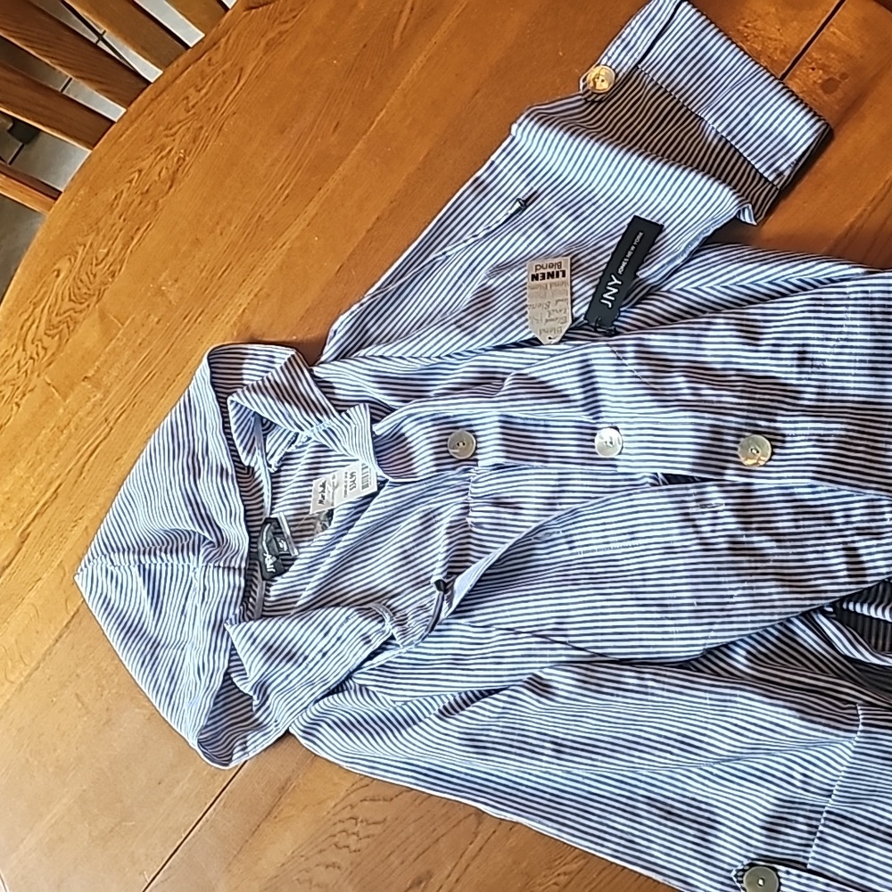 long sleeved button down with hood... blue pin stripe print. Size M
